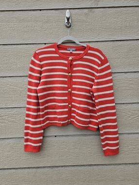 J. Crew Emilie sweater lady jacket in stripe red and cream large with light flaw
